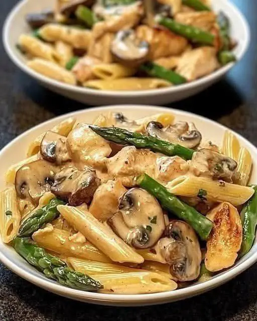 🍽️ Creamy Chicken, Mushroom & Asparagus Penne – The Ultimate Comfort Pasta! 🍄🥦🍗