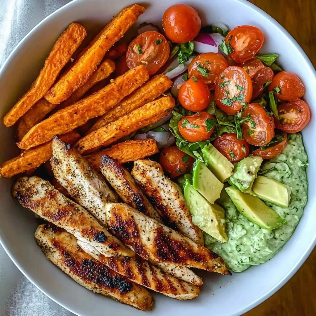 🔥 Grilled Herb Chicken Bowl with Sweet Potato Fries & Avocado Salsa 🍗🍠🥑✨