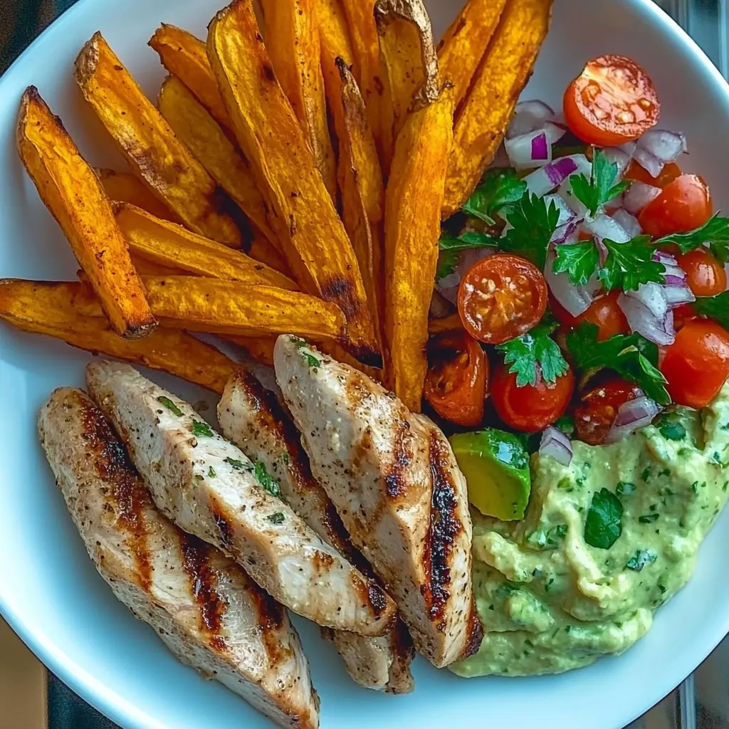 🍗 Grilled Herb Chicken Bowl with Sweet Potato Fries & Avocado Salsa 🍠🥑✨