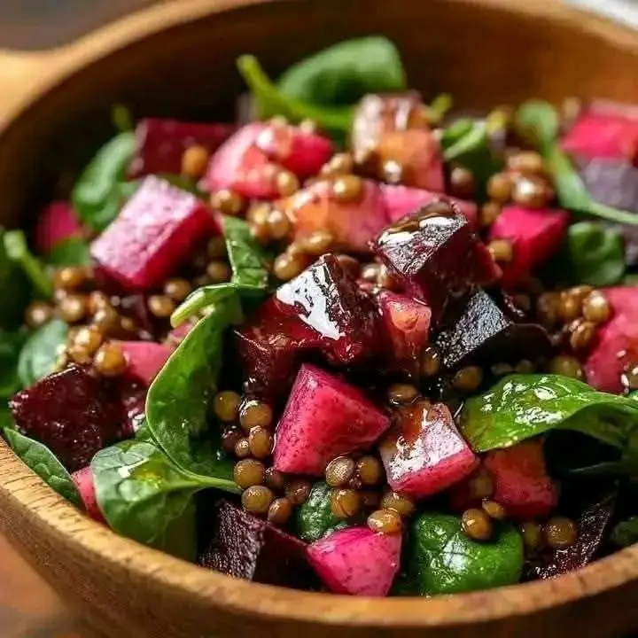 Beet, Spinach, and Lentil Salad with Balsamic Vinaigrette and Honey