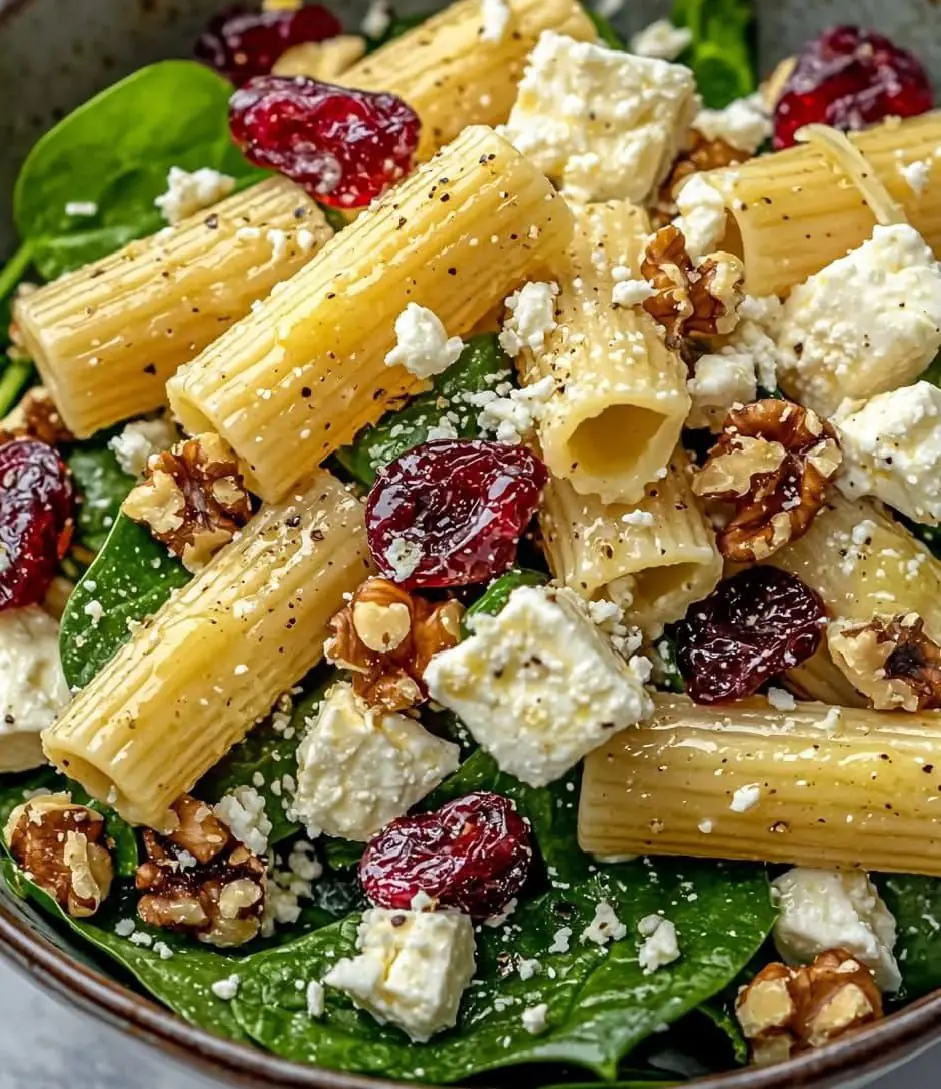 Spinach pasta salad with feta and cranberries