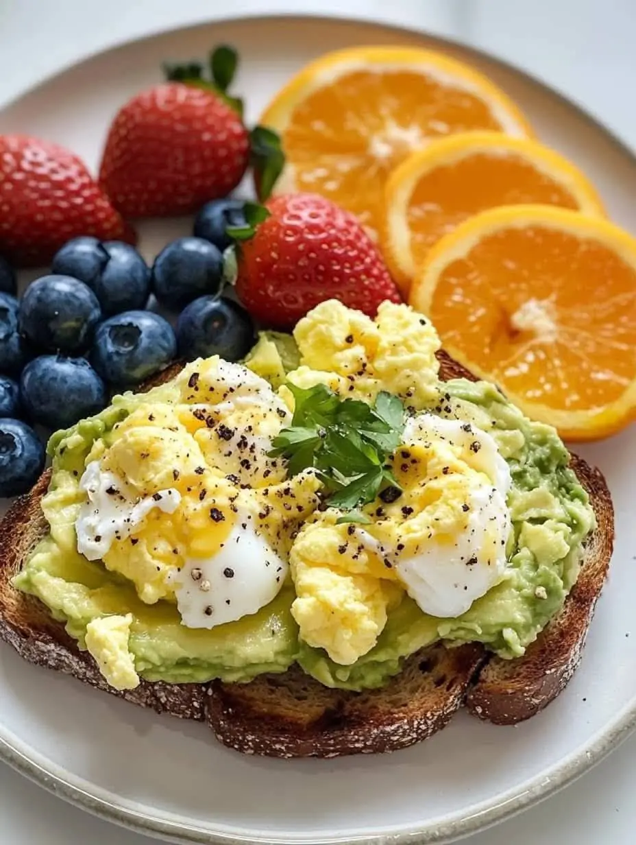 Avocado Toast with Scrambled Eggs & Fresh Fruit