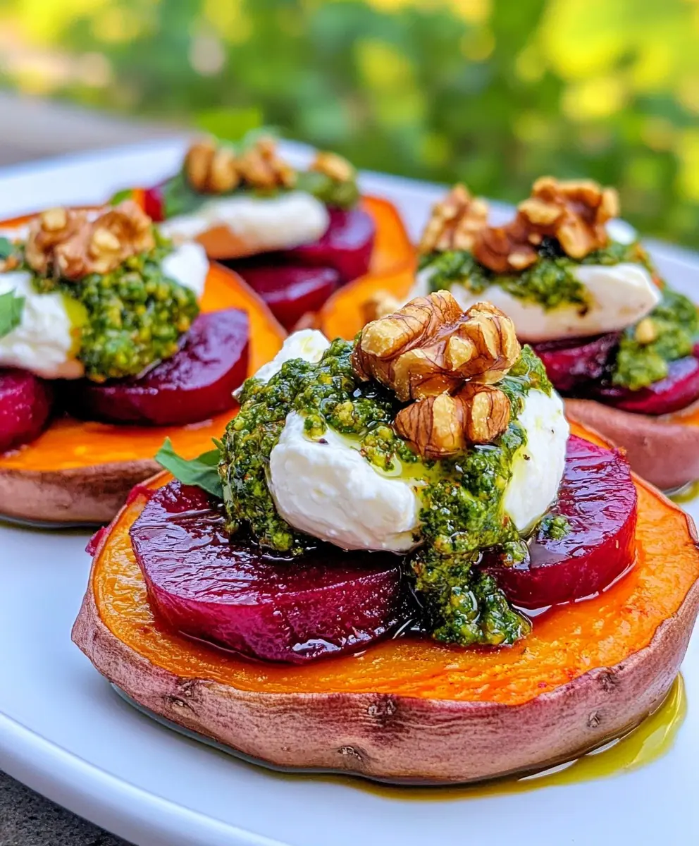 SWEET POTATOES WITH BURRATA, ROASTED BEETS, AND WALNUT SAGE PESTO