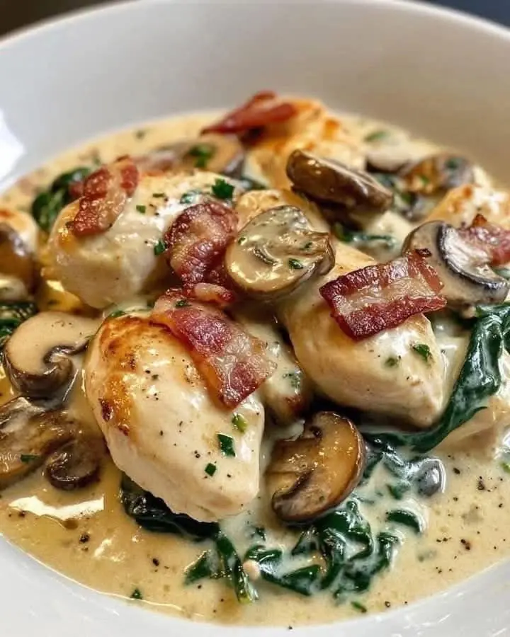 Sautéed Chicken with Creamy Spinach, Bacon, and Mushrooms 🥓🍄