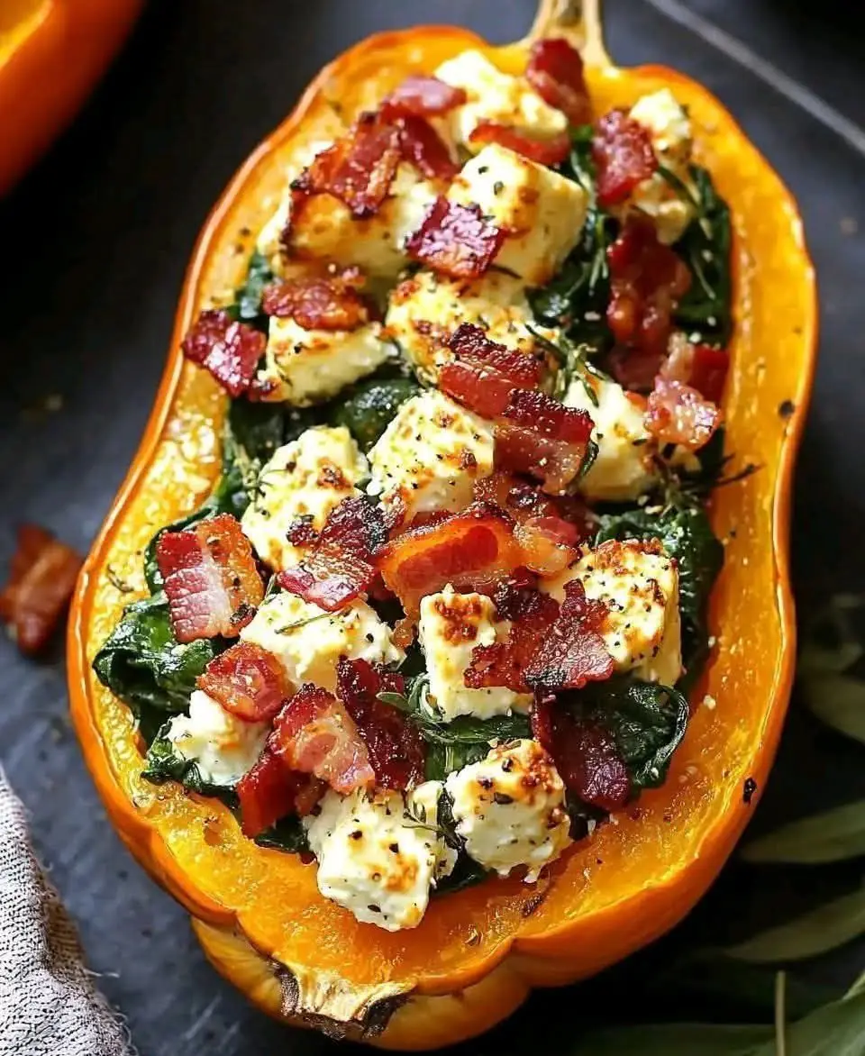 Stuffed Butternut Squash with Feta, Spinach & Bacon