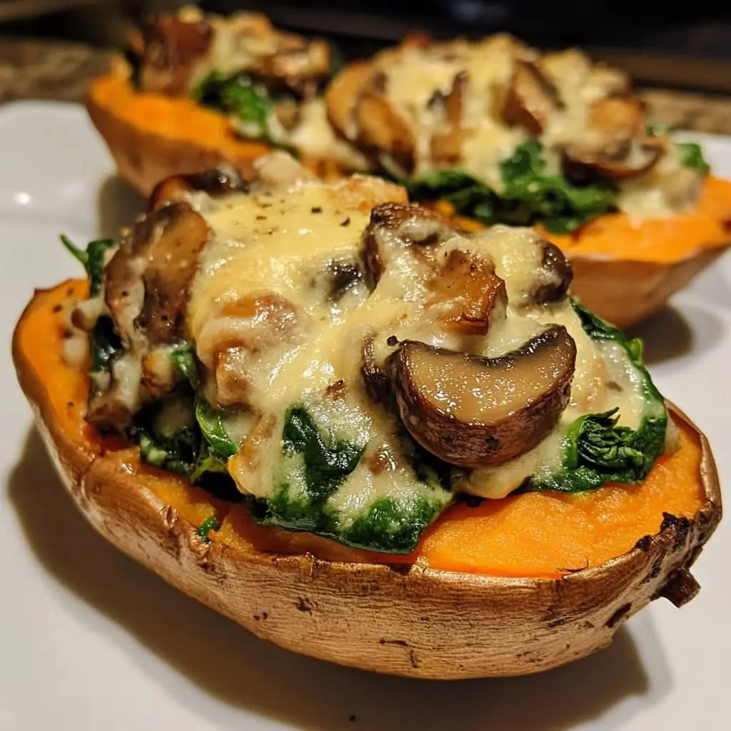 Creamy Stuffed Sweet Potatoes with Spinach & Mushrooms