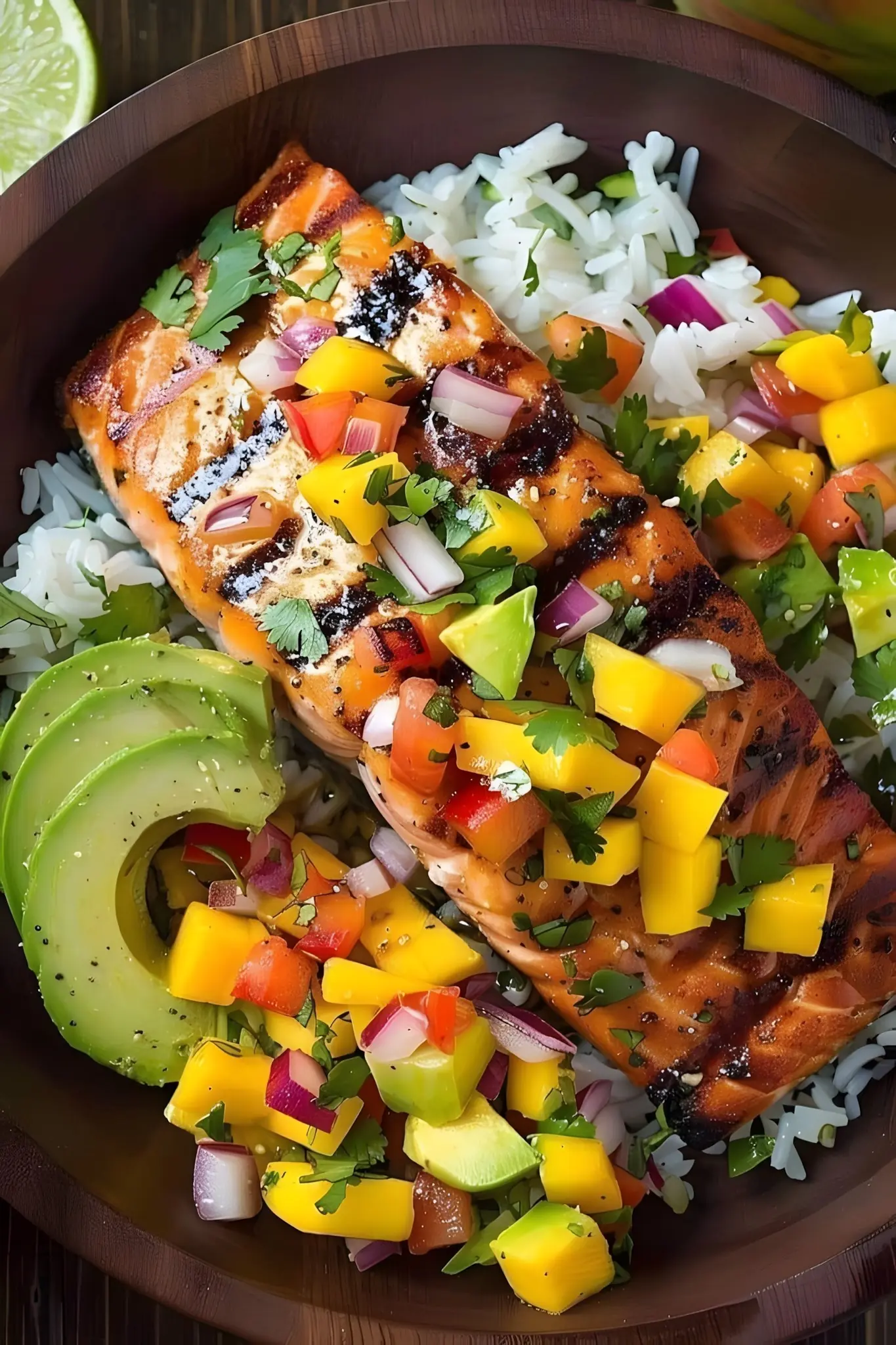 GRILLED SALMON WITH MANGO SALSA AND RICE