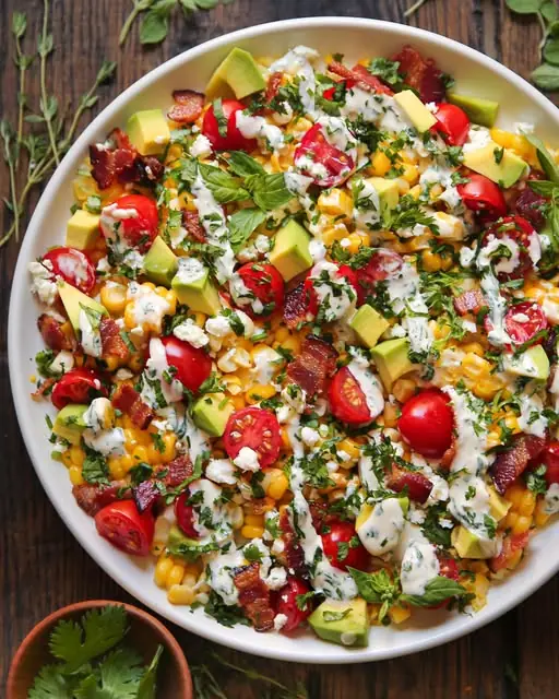 Avocado Corn Tomato Salad with Creamy Cilantro-Lime Dressing