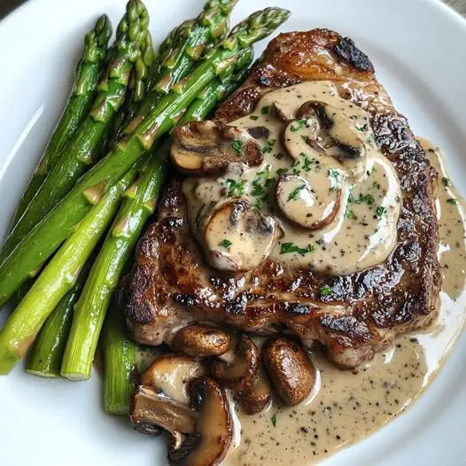π₯© Ribeye Steak with Creamy Mushroom Sauce and Asparagus π