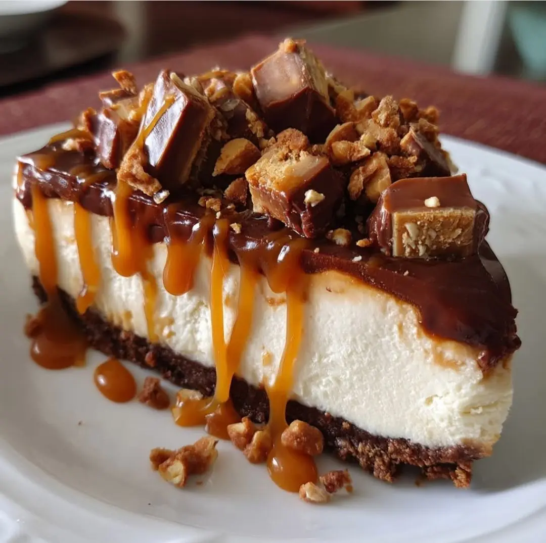 No-Bake Snickers Cheesecake with Chocolate Drizzle and Caramel Swirls