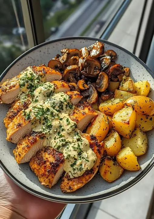πΏπ Greek Garlic Chicken with Roasted Potatoes & Creamy Mushroom Pesto