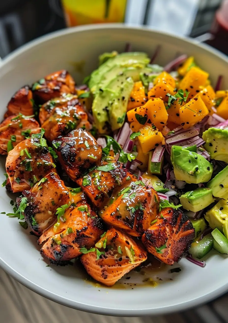 Glazed Salmon Bites Bowl with Ultra-Generous Creamy Mango-Avocado Salsa and Lime Zest