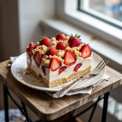 Cream Cheese Strawberry Sheet Cake With Crumble Topping