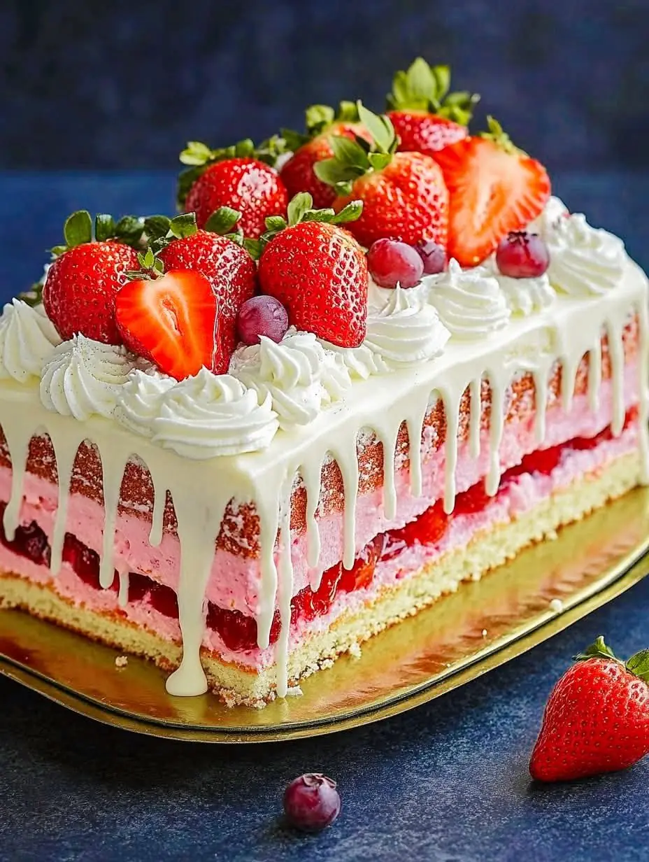 π STRAWBERRY CREAM LAYER CAKE WITH WHITE CHOCOLATE DRIP