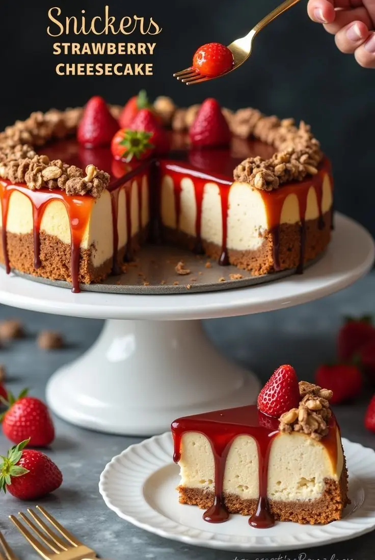 π NO-BAKE STRAWBERRY CREAM CHEESECAKE SLICE with Caramel Drizzle