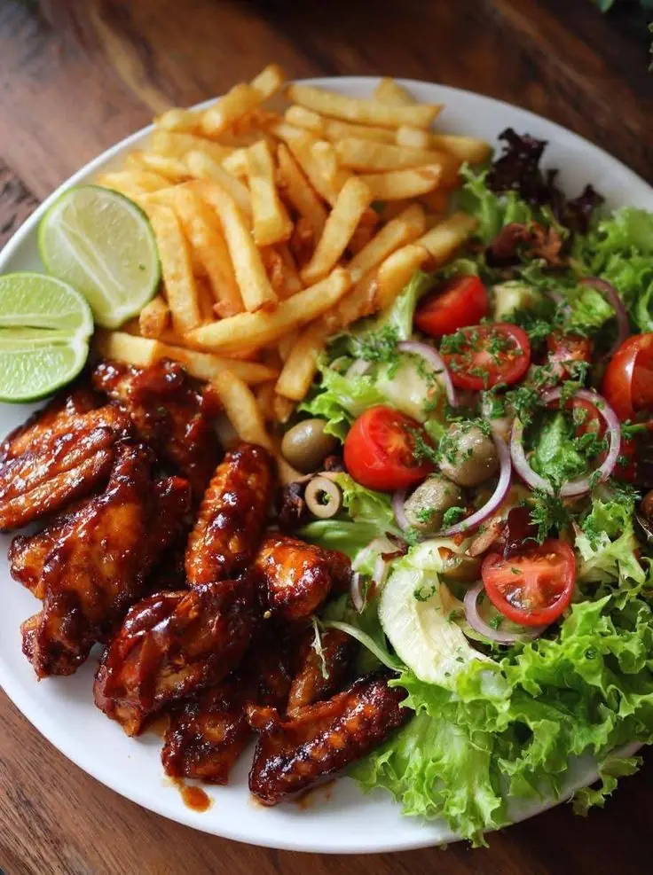 BBQ Chicken Wings with French Fries and Fresh Salad