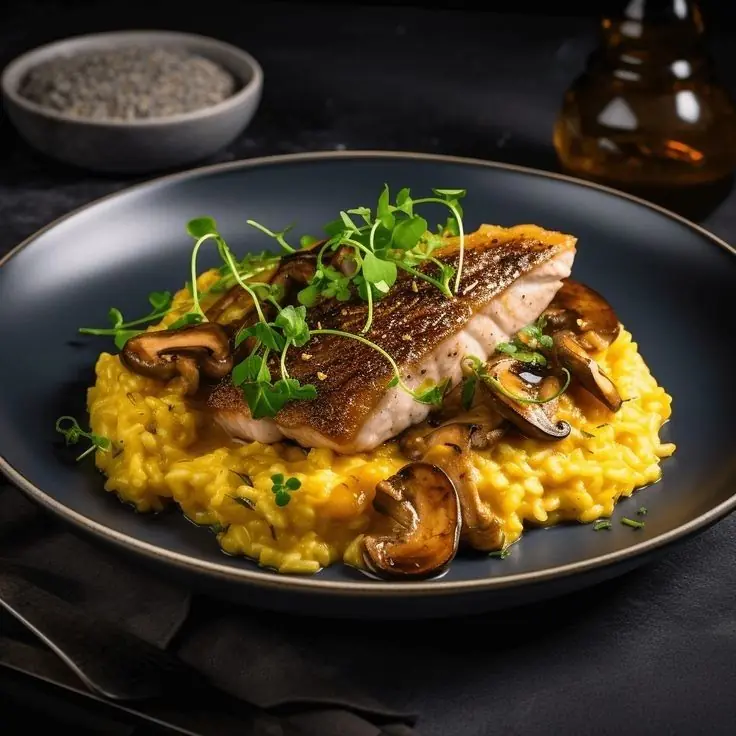 Pan-Seared Salmon with Saffron Risotto & Sautéed Mushrooms