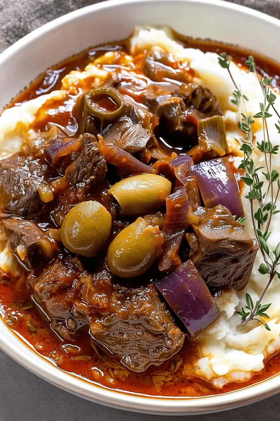 Slow-Braised Beef Stew with Olives & Mashed Potatoes