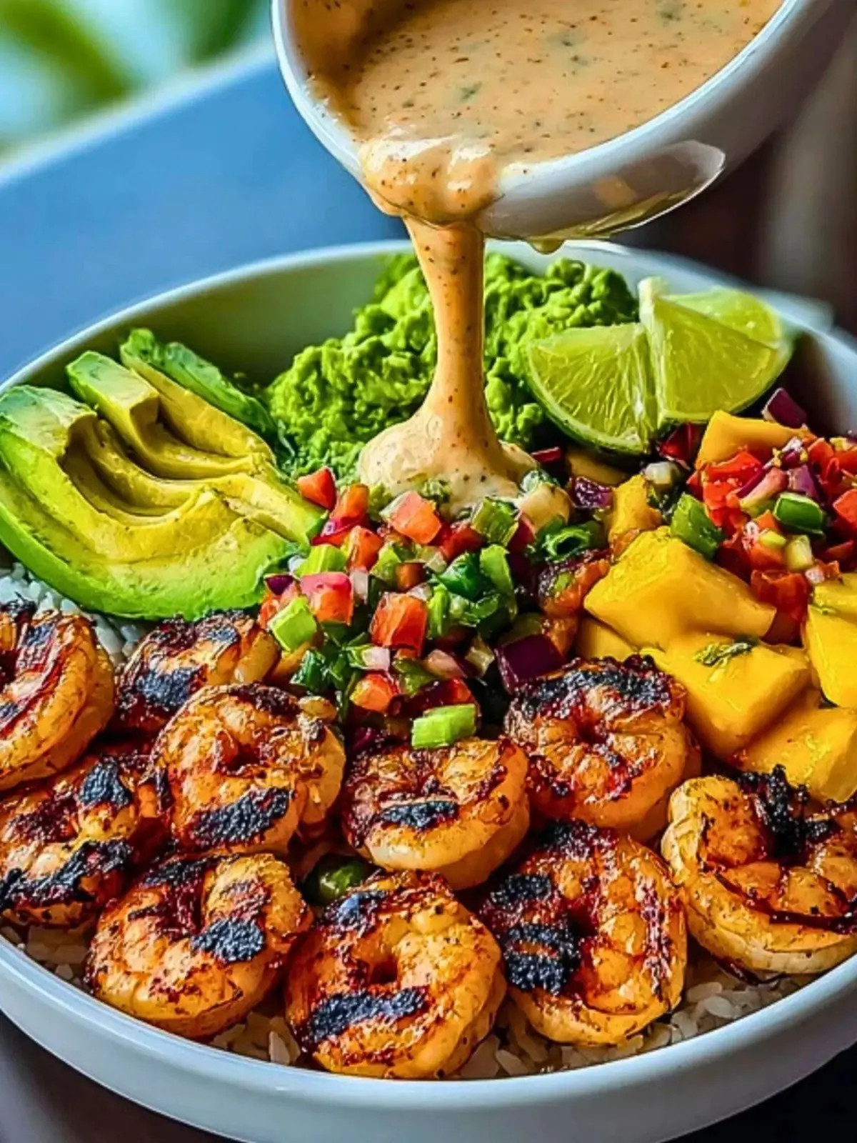 Grilled Shrimp Rice Bowl with Avocado, Mango & Creamy Lime Sauce