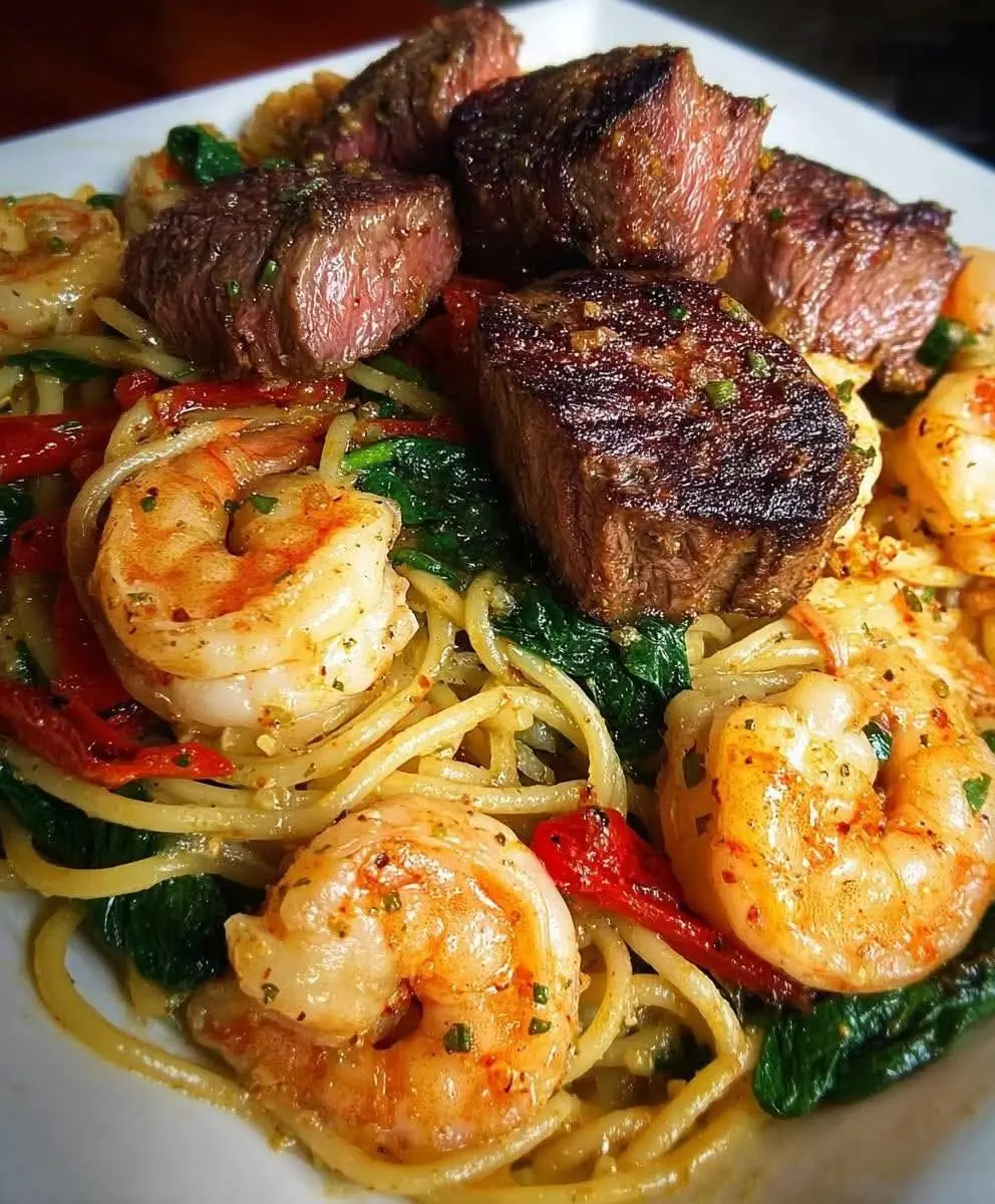 Steak & Garlic Shrimp Pasta with Spinach and Peppers