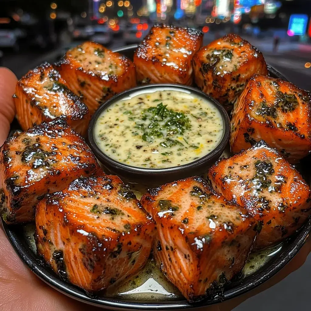 Herb-Butter Salmon Bites with Creamy Garlic Dip