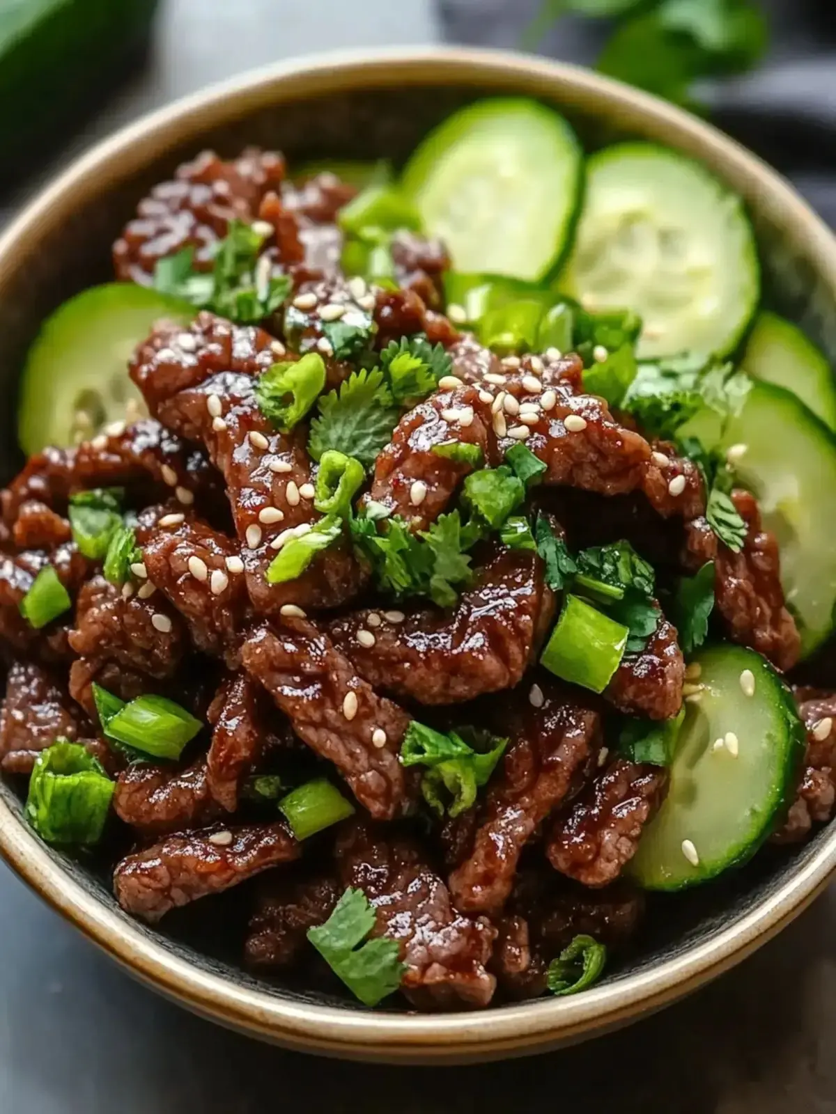 Sticky Asian Beef Bowl with Cucumbers