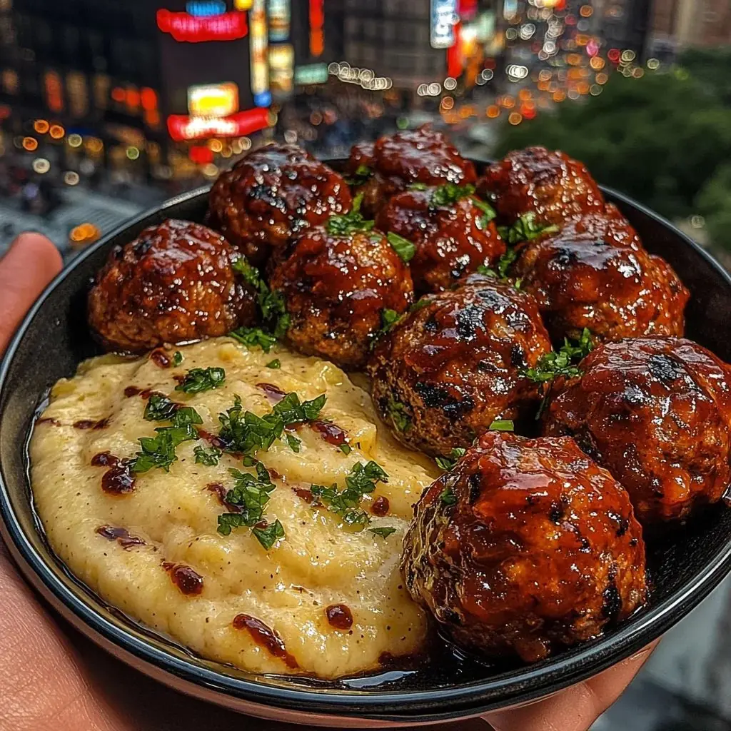 BBQ Glazed Meatballs with Creamy Mashed Potatoes