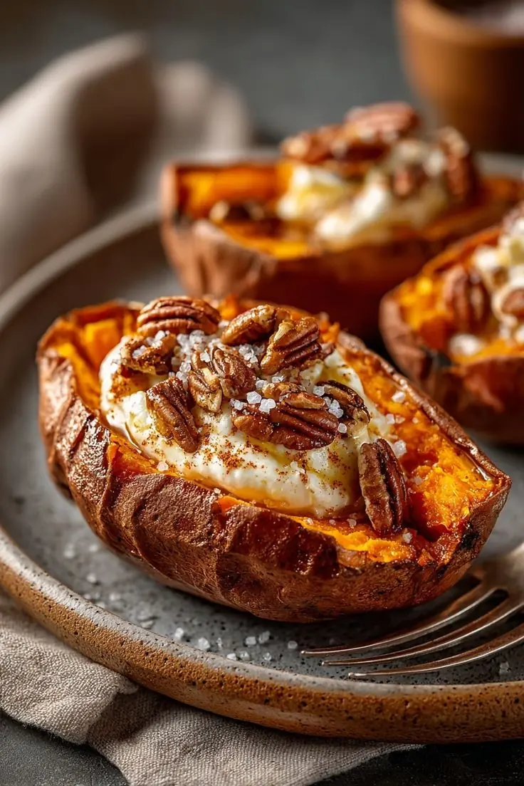 Roasted Sweet Potatoes with Ricotta, Honey & Pecans