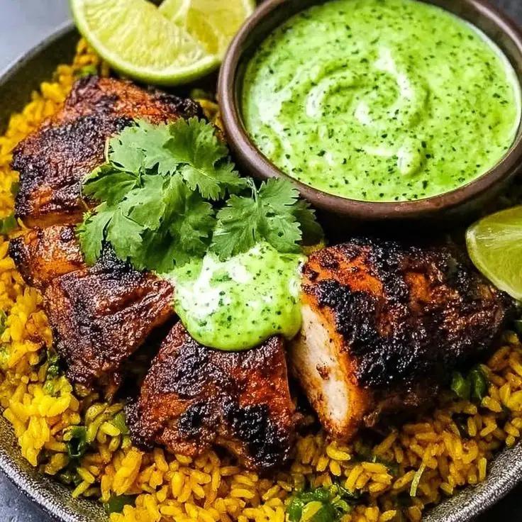 Spiced Grilled Chicken with Yellow Rice & Creamy Green Sauce