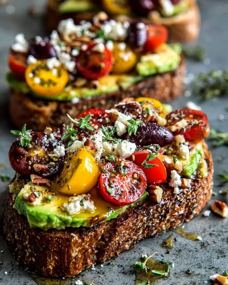 Avocado Toast with Roasted Cherry Tomatoes, Olives, and Feta