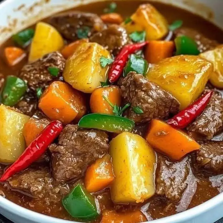 Hearty Beef Stew with Potatoes, Carrots, and Bell Peppers