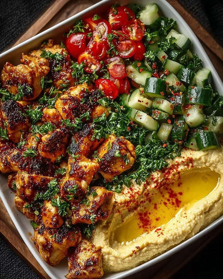 Spiced Chicken & Hummus Bowl with Cucumber–Tomato Salad