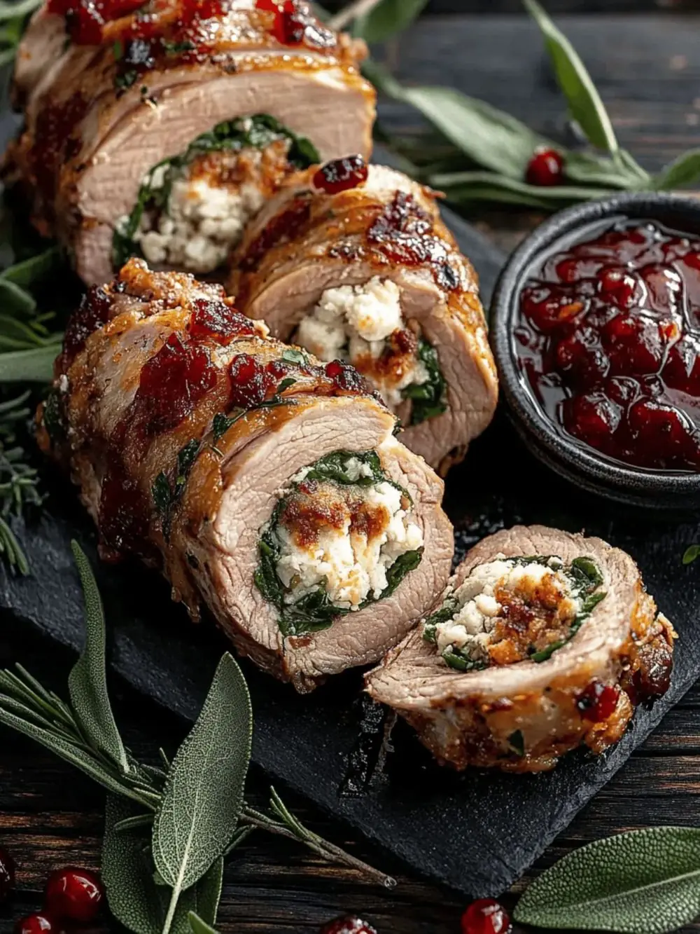 Bacon-Wrapped Stuffed Pork Loin with Cranberries & Herbs