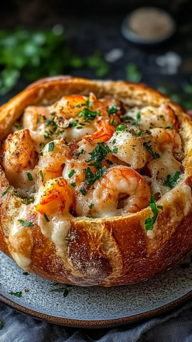 Cheesy Garlic Shrimp Bread Bowl