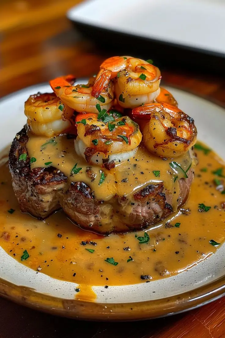 Pan-Seared Steak with Garlic Shrimp & Creamy Pepper Sauce