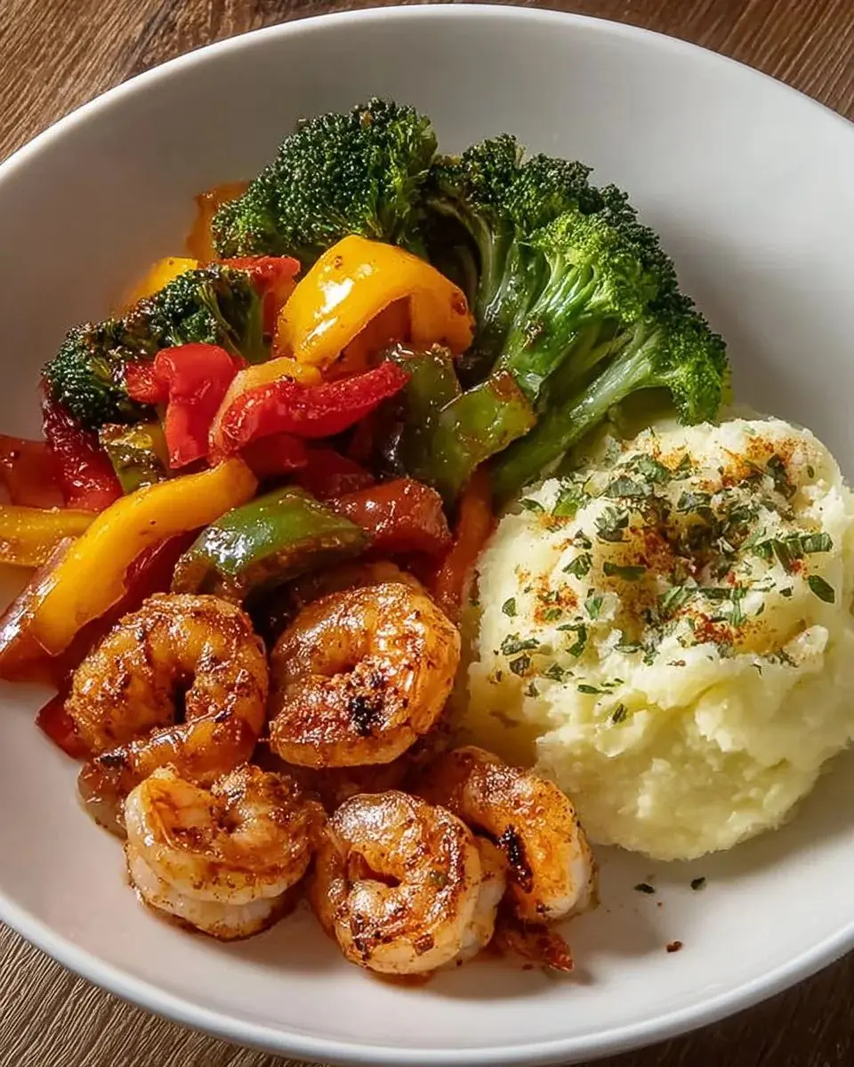 Pan-Seared Shrimp with Sautéed Vegetables & Creamy Mashed Potatoes