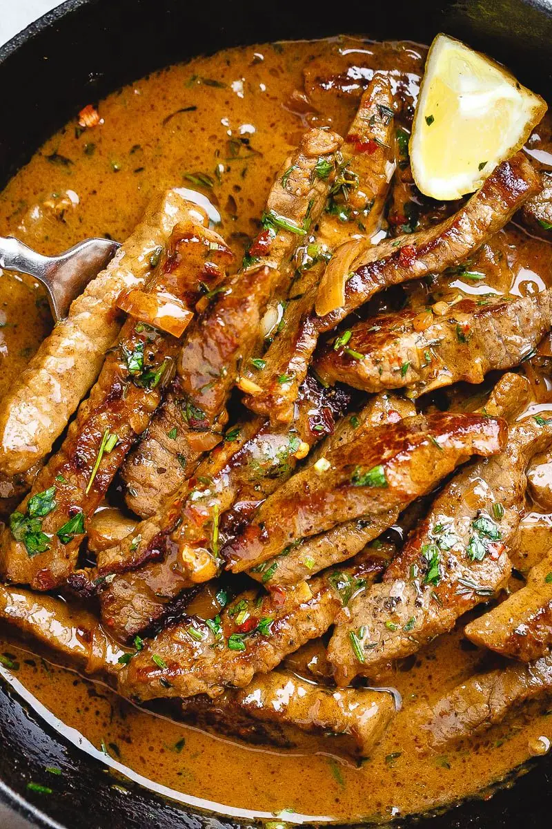 Pan-Seared Steak Strips in Creamy Garlic Herb Sauce