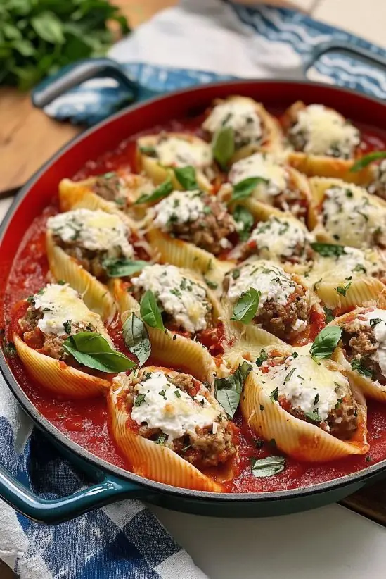Stuffed Shells with Meat Sauce and Melted Cheese
