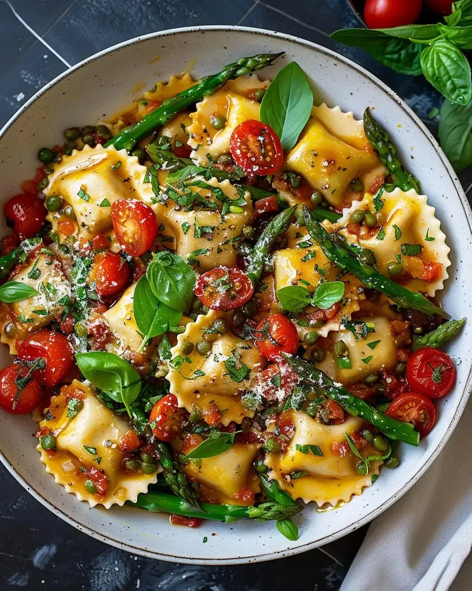 Ravioli with Tomatoes, Asparagus, Garlic, and Herbs