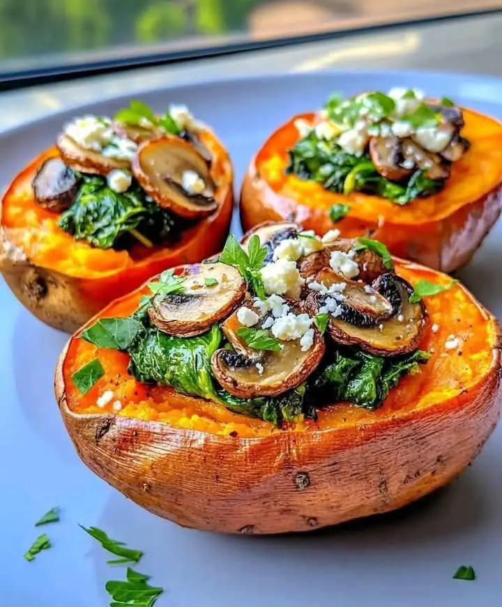Stuffed Sweet Potatoes with Spinach, Mushroom, & Feta