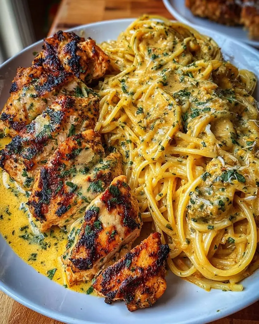 Blackened Chicken with Creamy Garlic Pasta