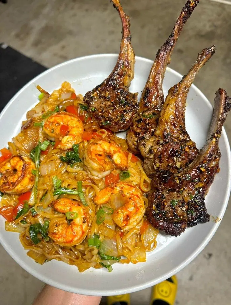Garlic Herb Lamb Chops with Shrimp Stir-Fried Noodles