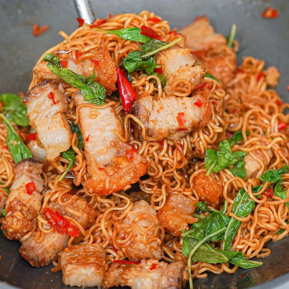 Spicy Crispy Pork Belly Noodle Stir-Fry