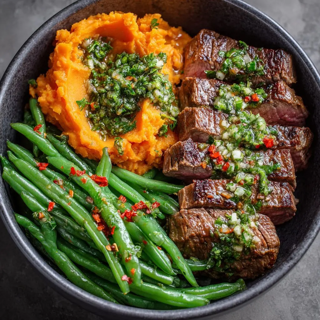 Steak Bowl with Mashed Sweet Potatoes, Green Beans & Chimichurri