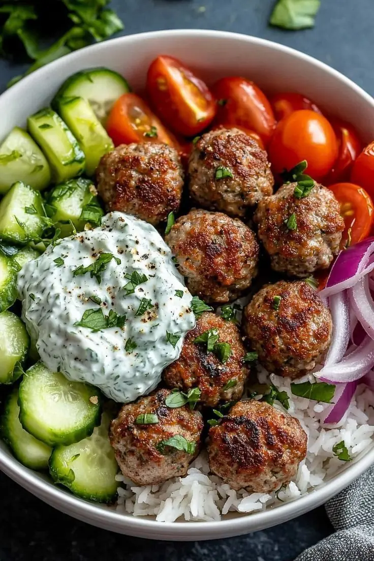 Mediterranean Meatball Rice Bowl with Tzatziki Sauce