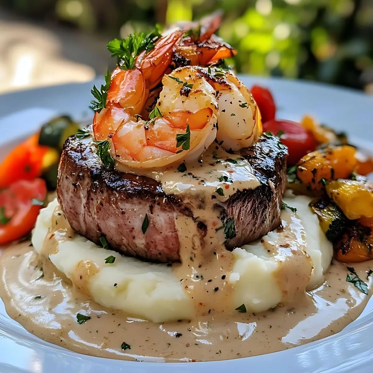 Filet Mignon with Creamy Pepper Sauce & Garlic Shrimp