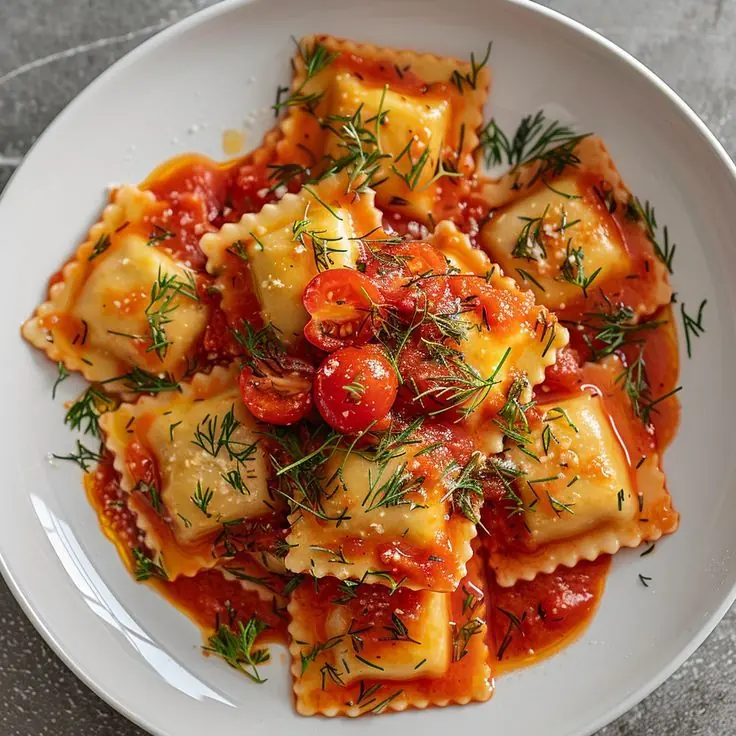 🍝 Cheese Ravioli with Tomato Sauce & Fresh Dill