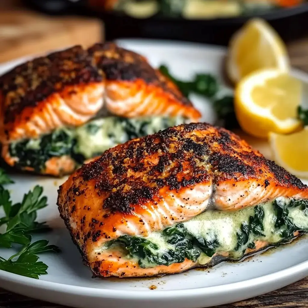 Blackened Salmon Stuffed with Spinach and Parmesan