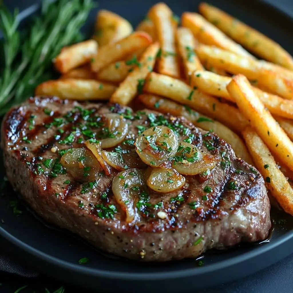 Ribeye Steak with French Onions and Crispy French Fries