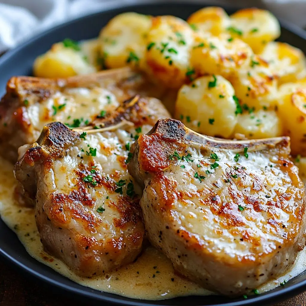 Pan-Seared Pork Chops with Creamy Garlic Sauce & Buttered Potatoes